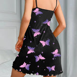 New Fashion Butterfly Print Nightgown for Women Black Star Chemise Short Spaghetti Strap Sleepwear Cute & Trendy Nightwear Hot