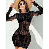 Women Sheer Mesh Long Sleeve Beach Cover Up, Sexy See-Through Fishnet Dress, Solid Bodycon  For Summer Beach Party