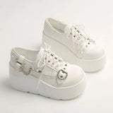 New Arrival Gothic Black Rivets Platform Creepers Shoes White Chain Decor Goth Creepers Chunky Lace Up Lolita Casual Shoes