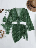 4PCS With Mesh Sheer Sarong Long Sleeve Bikini Female Swimsuit Women Swimwear Four-pieces Bikini Set Bathing Suit Swim Beachwear