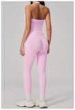 Summer Seamless Yoga Sets Women V Neck Slim Sports Tank Top Fitness Suit Peach Hip High Elasticity Leggings Running Tracksuit