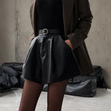Phantasy Sexy Short Trousers Street Bottom High Waist Wide Leg Ruffles Cuff Pu Leather Shorts Fashionable Autumn Women Clothing