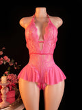 Women's Lace Bodysuit Halter Neck Deep V Backless Floral Sheer One Piece Lingerie with Ruffle Skirt for Nightwear
