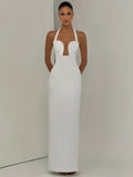 FDYOUI Elegant Chic Halter Hollow Out Bodycon Evening Dress for Women 2026 Summer Backless Sleeveless Long Wedding Party Dresses