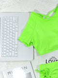 2026 New Sexy Two Piece Swimsuit Swimwear Women Fluorescent Green Hollow Straps High Waist Bathing Suit Beachwear Short Sleeve