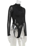 Ahagaga Sexy Mesh Women's Bodysuits See Through Skinny Turtleneck Solid Regular Long Sleeves Slim Fit Streetwear Rompers T Shirt