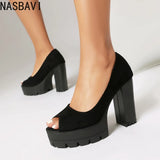 Ladies Vintage Flock Black Peep Toe Pumps Classic Summer Chunky High Heels Women Slip On Party OL Single Shoes Big size 36-46