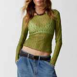 Sexy Lace Hot Girl Crop Tops Fashion Women Spring Autumn Long Sleeve Slim Fit Sheer T-Shirts Casual Streetwear Solid Basic Tees