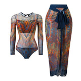 S - XXL Printed Long Sleeve With Sarong One Piece Swimsuit Women Swimwear Female Flowers Padded Bather Bathing Suit Swim K7181