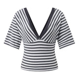 Womens Striped T-shirt Deep V Neck Short Elbow Sleeve Corset Tops 2026 Summer Casual Retro Stylish Shirts