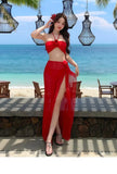 2025 Korean Swimsuit Women Sexy Bikini Red Split Long Skirt Swimsuit Women Halter 3D Flower Push Up Holiday 3 Piece Swimwear