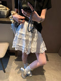 Sweet Korean Style Lace Loose Short Skirt White Tiered Ruffled Mini Skirt Elastic Waist Cute Casual Summer Skirt For Women EHAB