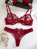 Ladies' wine red heart-shaped design embroidered semi transparent comfortable breathable underwear set, suitable ZA825026