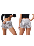 Fashion Women Summer Sequin Shorts Elastic Waist Wide Leg Loose Mini Short Pants Daily Casual Going Out