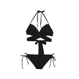 Sexy Korean Fashion Bandage Halter Cross Bikinis Sets Two Pieces Solid Black and White Swimsuit Bikinis Padded Swimwear