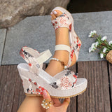 Bohemian Floral Printed Wedge Heel Sandals Women Summer Slip On Chunky Platform Sandles Woman Elastic Strap High Heels Sandals
