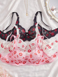 3PCS Sexy Lace Lip Print Women Lingerie Set Hollow Out Mesh Unlined Underwire Bra Bow & Rhinestone Sexy Bras