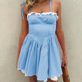 Summer Plaid Mini Cami Dress for Women Fashion Slim Ruffle Trim Tie-up Spaghetti Strap A-line Dresses for Daily Party