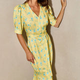 FDYOUI 2026 Summer V-neck Short Sleeve Floral Print Yellow Party Dress Women Single Breasted Lace-up Slim Long Vacation Dresses