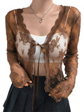 Women Floral Lace Shirts Long Sleeve Front Tie-up Smock Tops Sexy Beach Tops and Blouses Female See Through Cover-ups