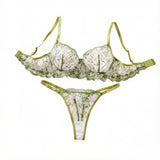 Daisy Floral Embroidery Sheer Mesh Lingerie Set Women Green Underwire Bra And Thong Sexy Ladies Underwear ZA825194