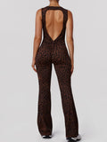 Sexy Brown Leopard Print Yoga Jumpsuit Women Hollow Out Backless Sleeveless Slim Gym Running One Piece Flare Pants Sports Suit