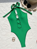 sexy front cross hollow swimsuit one piece solid halter tie bikinis thong swimwear bodysuits women biquini bathing suits 7 color
