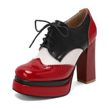 Bright Patent Leather Patchwork White PU Lace Up High Heels with Breathable Lining, Wavy and Serrated Patterns, Sweet Pumps