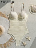 Wrinkled Underwired Colorful Beads Women Swimwear One Piece Swimsuit Female High Leg Cut Monokini Bather Bathing Suit Swim V8301