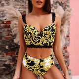 Printed Bra Cup Bandeau Bikinis Female Swimsuit High Waist Bikini Women Swimwear Two Pieces Bikini Set Push Up Bathing Suit Swim