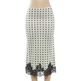 FDYOUI Elegant Polka Dot White Skirts for Women Chic Low Waist Lace Patchwork Mid-calf Skirt Office Lady Slim Dress Streetwear
