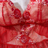 Floral Embroidery Lace Lingerie Set Sexy Women Sheer Mesh Ruffle Trim Cami Top And Panty 2 Piece Sleepwear