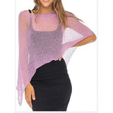 Combhasaki Women Knitwear Bikini Cover-up See-through Solid Off Shoulder Irregular Triangle Hem Loose Pullover Summer Beach Tops