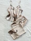 Women Sleepwear Summer Ice Silk Stain Comfortable 2pcs Pajamas Set V Neck Leopard Print Tops and Long Pants Loungewear