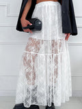 Women See-Through Lace A-Line Skirts Casual Summer Solid Color Elastic Waist Long Skirt for Beach Vacation Club