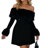 Women Autumn Winter Solid Color Above Knee Dress Long Sleeve Off Shoulder Strapless Plush Trim Party Dresses