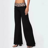 Women's spring and summer leopard print stitching micro-flared high-waisted casual trousers
