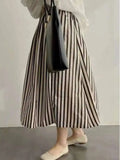 Retro Chic Solid Color Striped Skirt For Women In Summer, High Waisted And Slimming A-line Mid Length Umbrella Skirt Casual OHS8