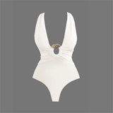 2Pcs Deep V Swimsuit With Long Skirt Women Sexy Swimwear Female Bikini Cut Out Biquini Swim Suit Shiny Button Bodysuit Beachwear