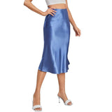 Satin-Like Shiny Skirt Women Midi Skirt High Waist Solid Color Mid-calf Length Skirt Soft Breathable Fabric Work Skirts
