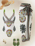 Vintage Green Floral Print Swimwear Long Skirts Sets 2026 Women V Neck Slim Tummy Control One Piece Swimsuit Beach Bathing Suits