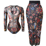 S - XXL Printed Long Sleeve With Sarong One Piece Swimsuit Women Swimwear Female Flowers Padded Bather Bathing Suit Swim K7181