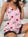 Summer Sleepwear Women's Casual 2 Pieces Pajamas Set Sleeveless V-Neck Heart Print Cami Tops and Shorts Set Loungewear