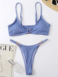 Sexy Ribbed Metal Rings High Cut Bikini Female Swimsuit Women Swimwear Two-pieces Bikini Set Micro Thong Bathing Suit Swim Lady