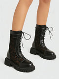 2026 New Big Size 45 Chic Black Lace Mesh Summer Boots Women Round Toe Square Heels Shoelace Zip-up Mid-calf Boots Shoes