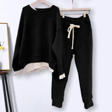 2 Pcs/Set Women Sweatshirt Pants Set Fake Two-piece Crew Neck Loose Elastic Waist Drawstring Casual Women Autumn Tracksuit
