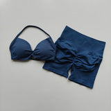 2PCS Backless Sports Bra High-Waisted Yoga Shorts Set Sexy Neck Hanging Design Abdomen Hip Lifting Fitness Outfit