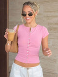 FDYOUI Pink T-shirts 2026 Summer Woman Clothes O-neck Single Breasted Cardigan Tops Female Short Sleeve Slim T Shirt Streetwear