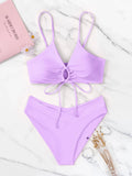 New Women's Swimsuit High Waist Two Piece Bikini Set Hollow Out V-neck Bandage Cross Backless Beach Swimwear Summer Bathing Suit