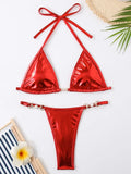 PU Leather Pearls Bikini Mini Micro Thong Bikinis Women Swimwear Female Swimsuit Two-piece Bikini Set Halter Bathing Suit Swim
